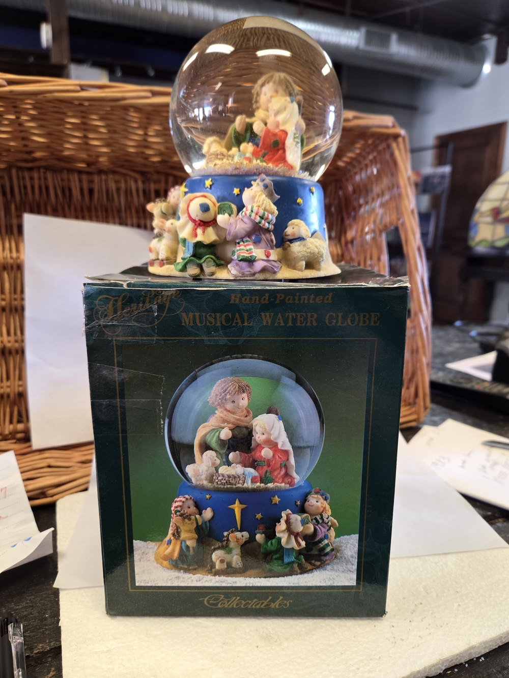 Heritage Blue Hand-Painted Musical Water Globe with Nativity Figurines